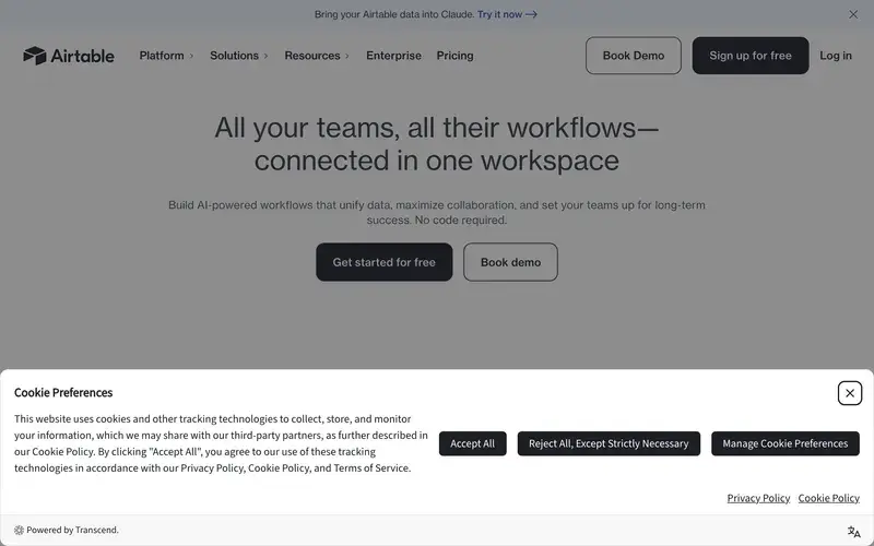 Screenshot of the Airtable homepage