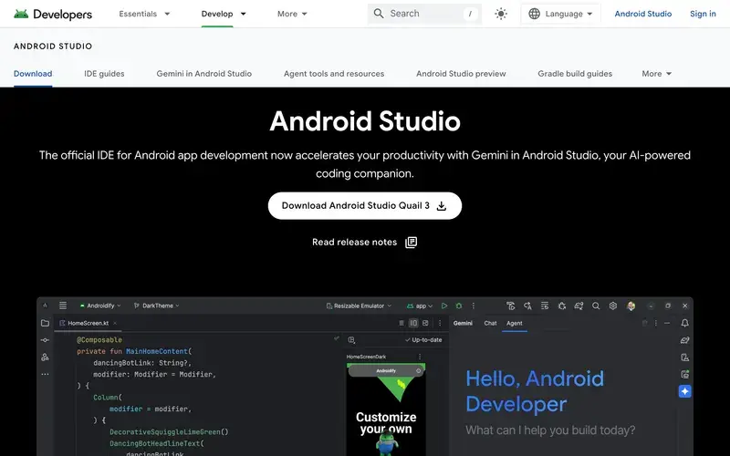 Screenshot of the Android Studio homepage