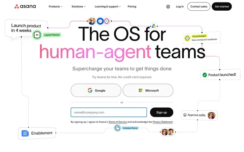 Screenshot of the Asana homepage