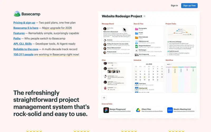 Screenshot of the Basecamp homepage