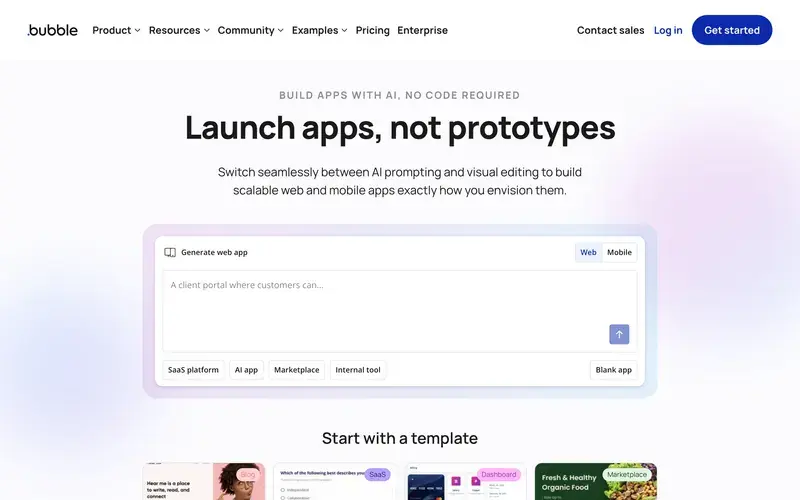 Screenshot of the Bubble homepage