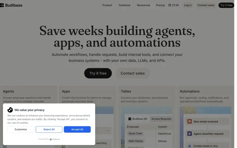 Screenshot of the Budibase homepage