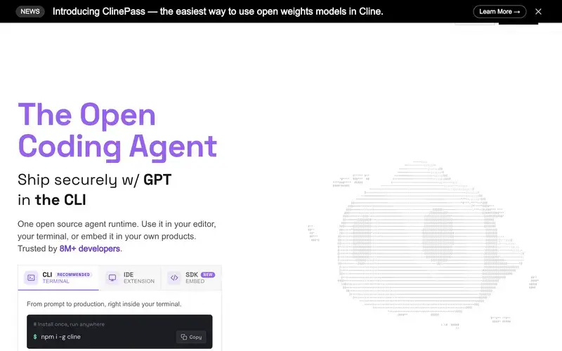 Screenshot of the Cline homepage