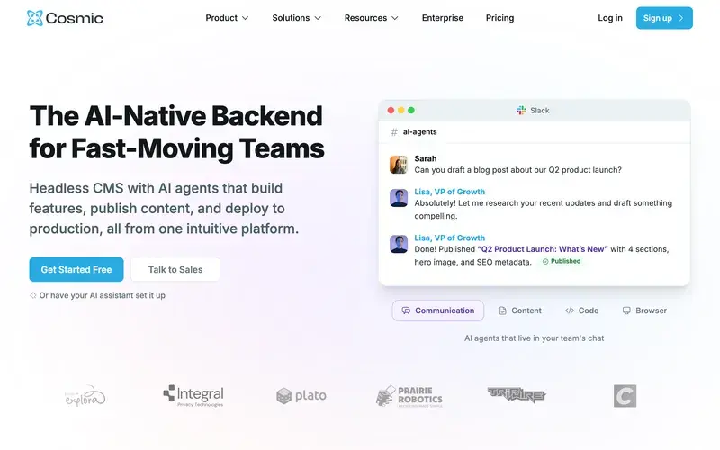 Screenshot of the Cosmic homepage