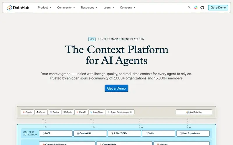 Screenshot of the DataHub homepage