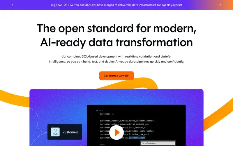 Screenshot of the dbt homepage