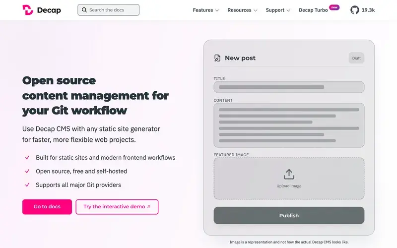 Screenshot of the Decap CMS homepage