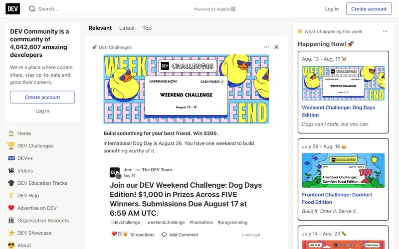 Screenshot of the DEV Community homepage