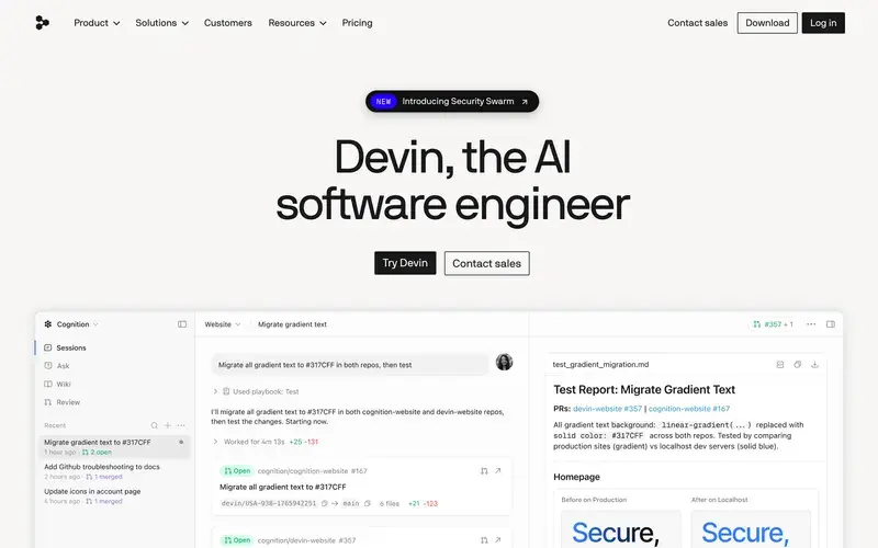 Screenshot of the Devin homepage