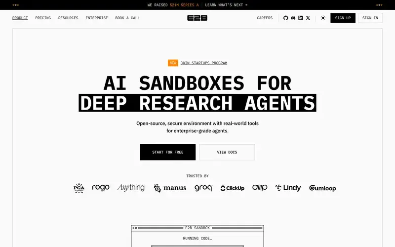 Screenshot of the E2B homepage