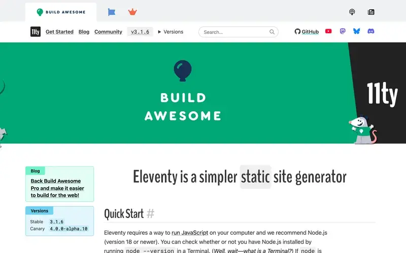 Screenshot of the Eleventy homepage
