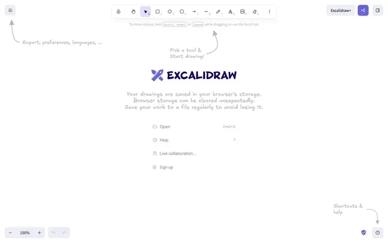 Screenshot of the Excalidraw homepage