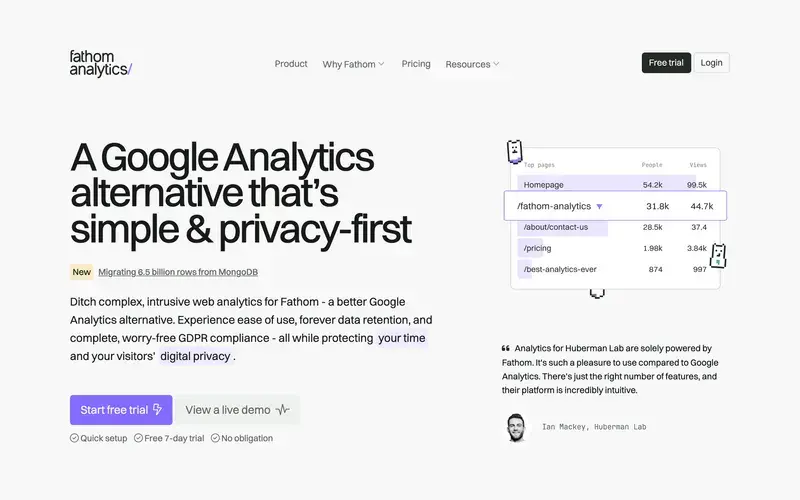 Screenshot of the Fathom Analytics homepage