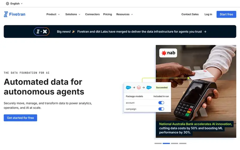 Screenshot of the Fivetran homepage