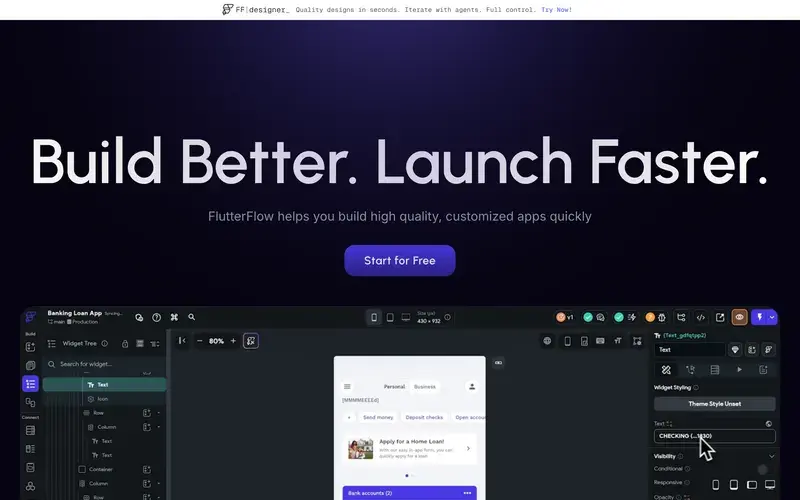 Screenshot of the FlutterFlow homepage