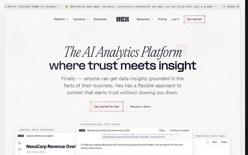 Screenshot of the Hex homepage