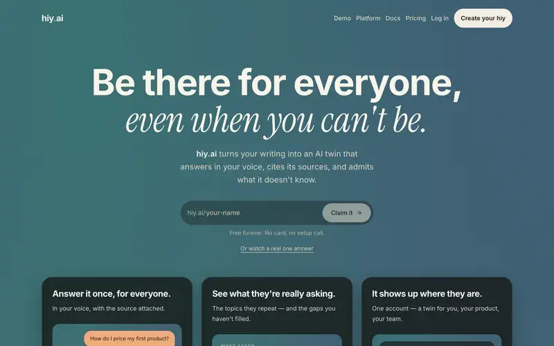 Screenshot of the hiy.ai homepage