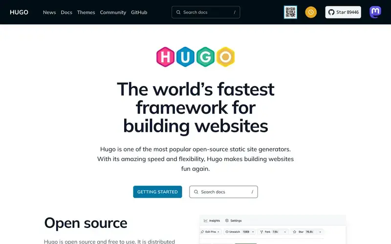 Screenshot of the Hugo homepage