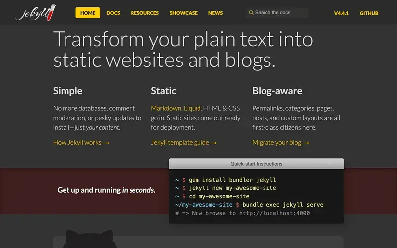Screenshot of the Jekyll homepage