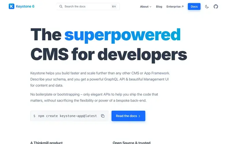 Screenshot of the Keystone homepage