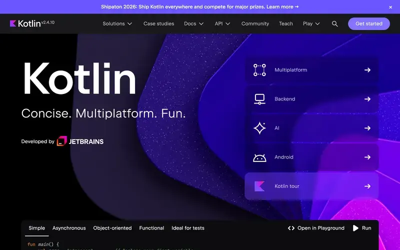Screenshot of the Kotlin homepage