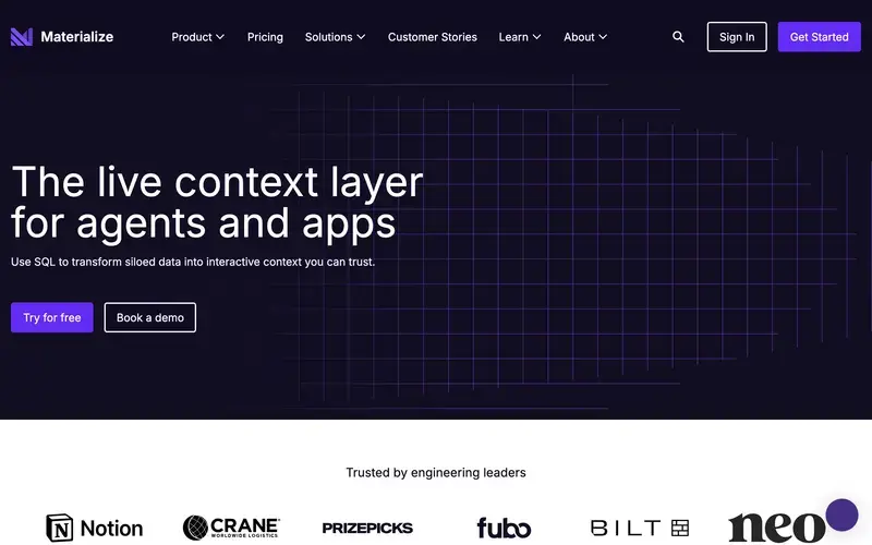 Screenshot of the Materialize homepage