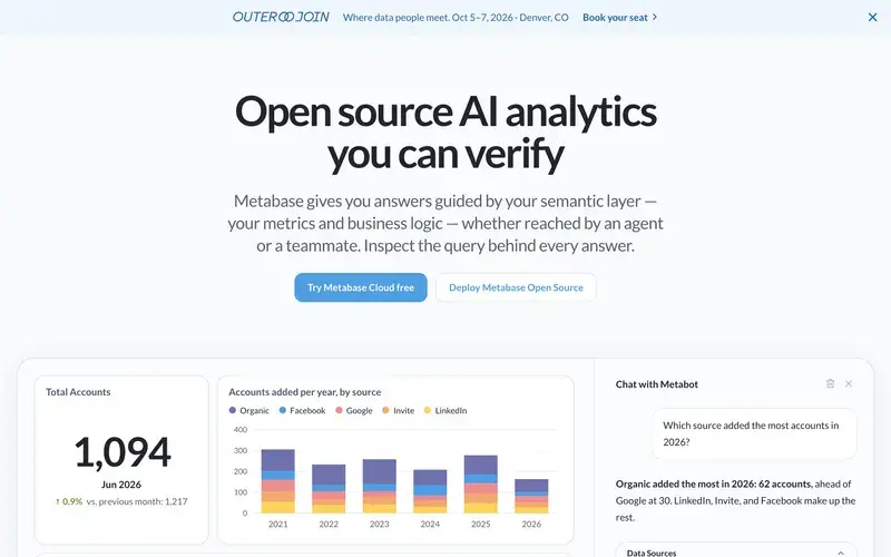 Screenshot of the Metabase homepage