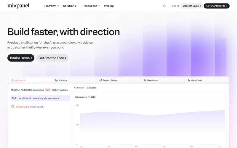Screenshot of the Mixpanel homepage