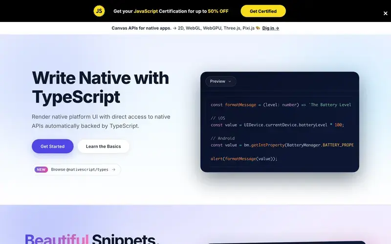 Screenshot of the NativeScript homepage