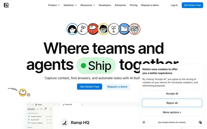 Screenshot of the Notion homepage