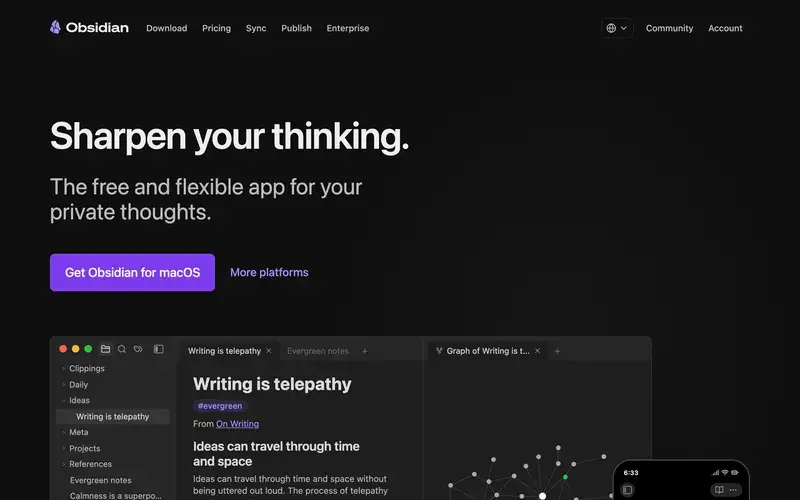 Screenshot of the Obsidian homepage