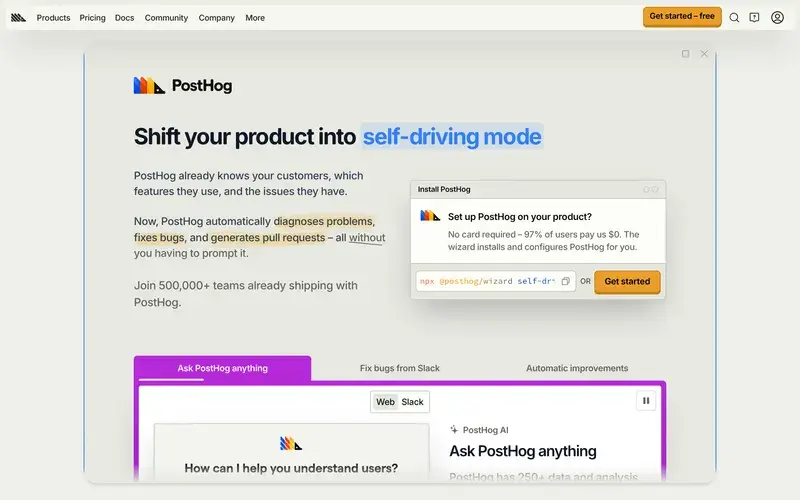 Screenshot of the PostHog homepage