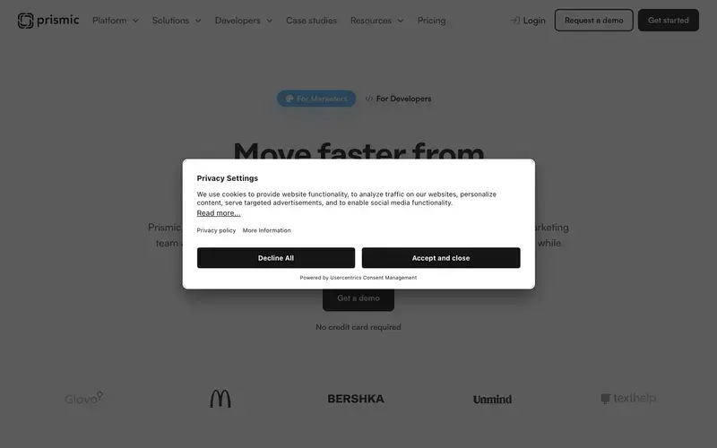 Screenshot of the Prismic homepage
