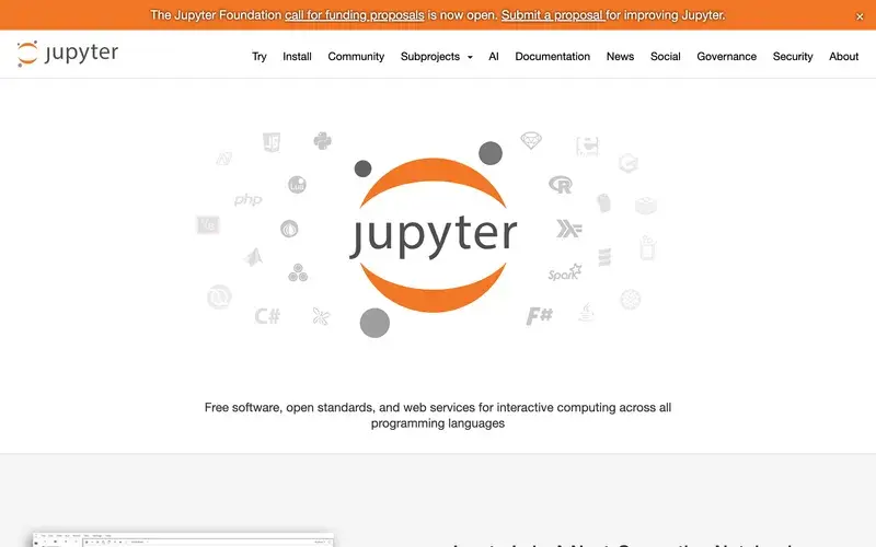 Screenshot of the Project Jupyter homepage