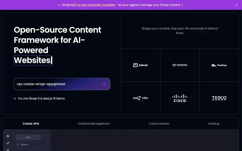Screenshot of the Strapi homepage