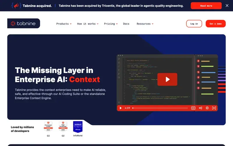 Screenshot of the Tabnine homepage