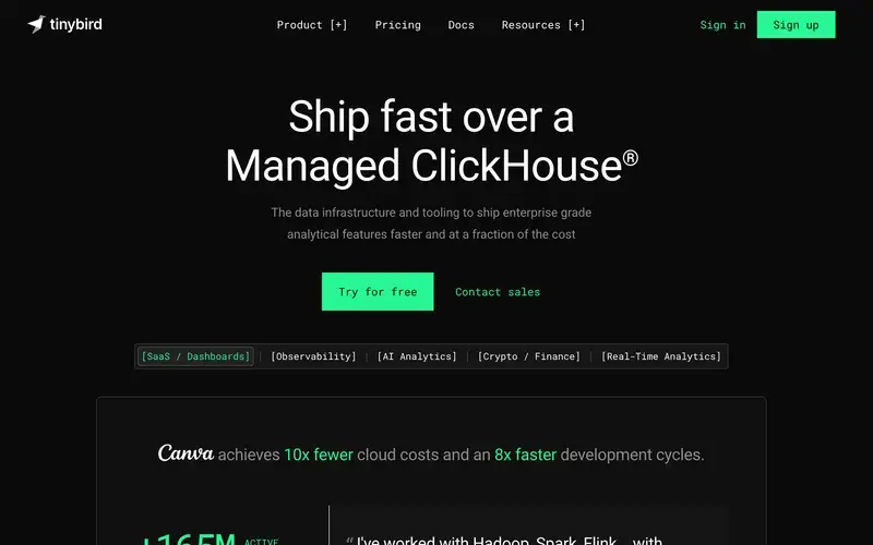 Screenshot of the Tinybird homepage