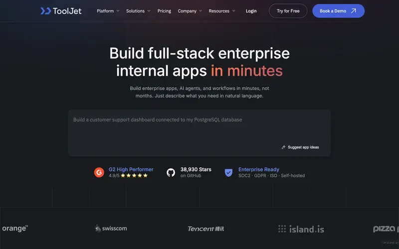 Screenshot of the ToolJet homepage