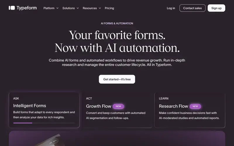 Screenshot of the Typeform homepage