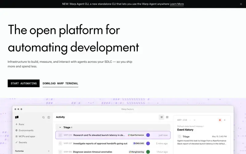 Screenshot of the Warp homepage