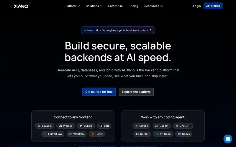 Screenshot of the Xano homepage