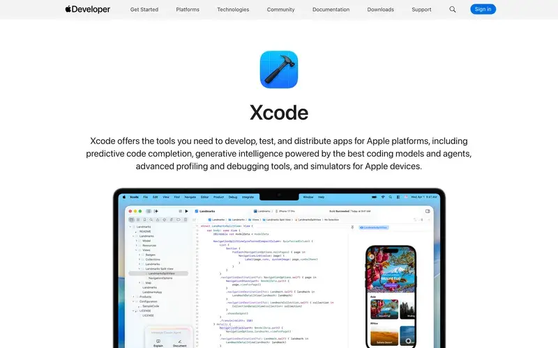Screenshot of the Xcode homepage