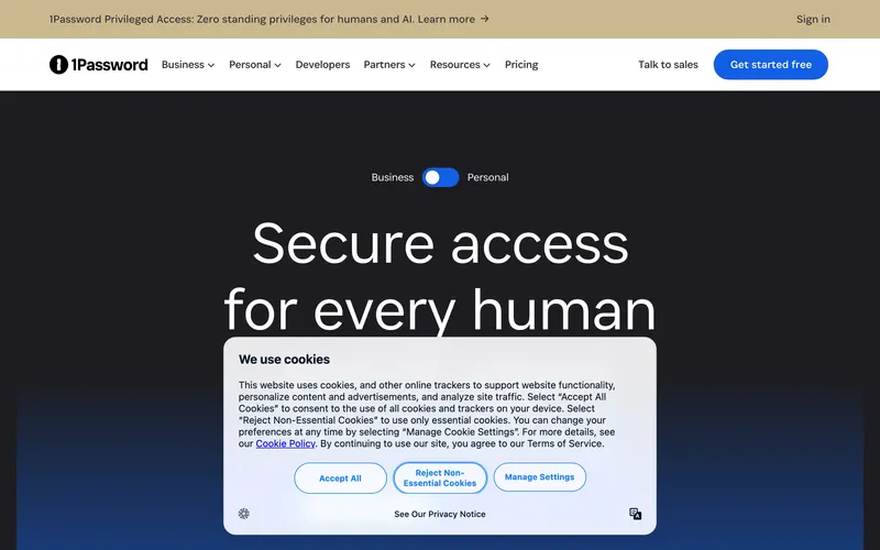 Screenshot of the 1Password homepage