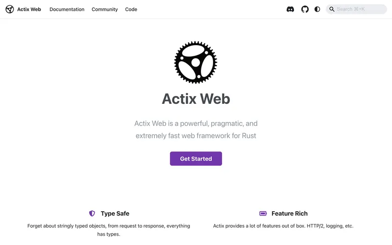 Screenshot of the Actix Web homepage