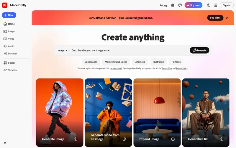 Screenshot of the Adobe Firefly homepage
