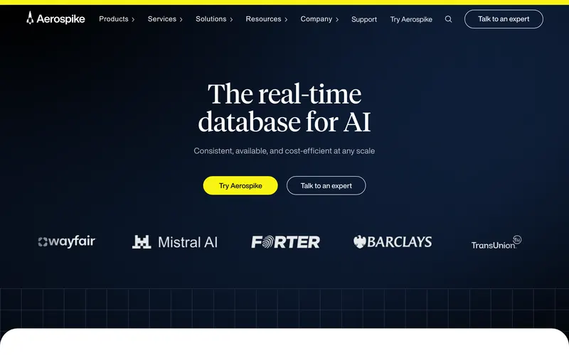 Screenshot of the Aerospike homepage