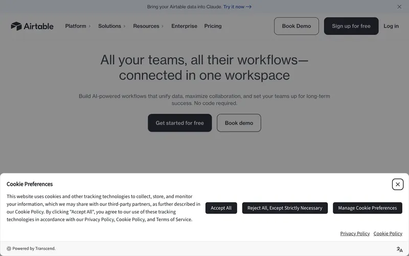 Screenshot of the Airtable homepage