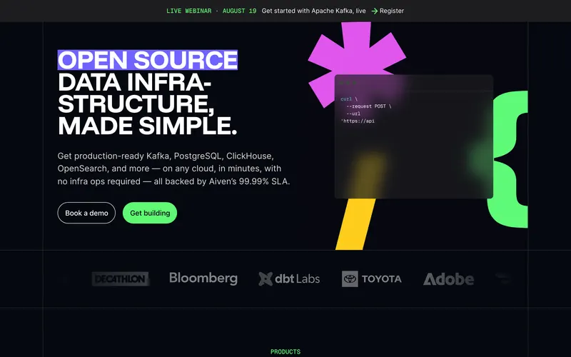 Screenshot of the Aiven homepage