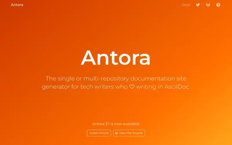 Screenshot of the Antora homepage