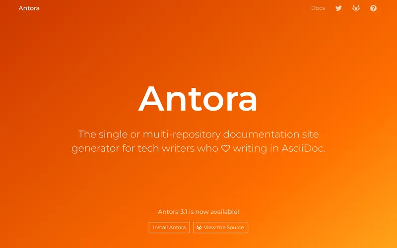 Screenshot of the Antora homepage
